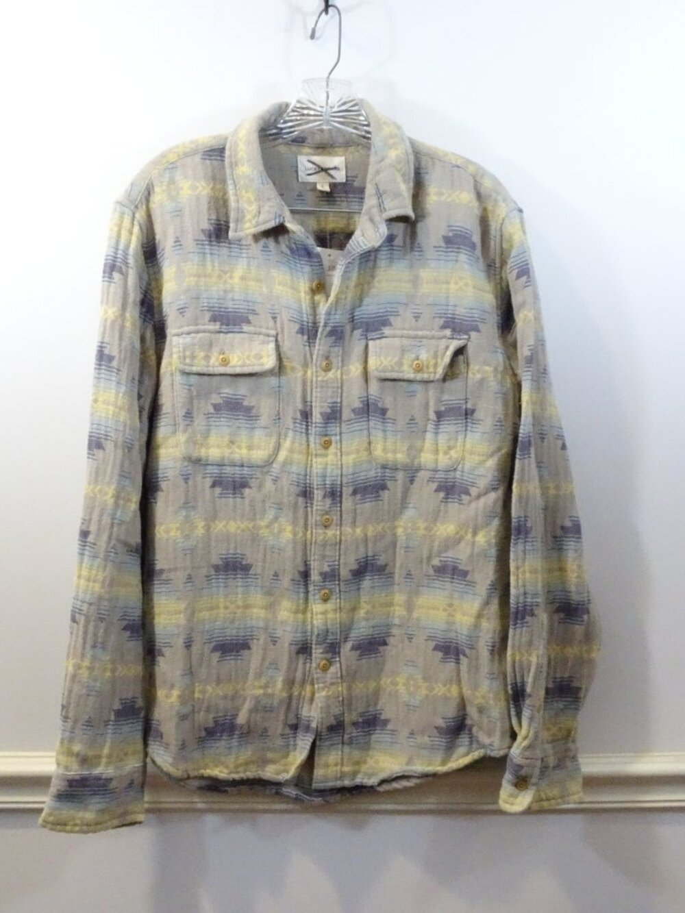 Lucky Brand Shirt Men S Gray Yellow Aztec Southwest Print Button Front NEW